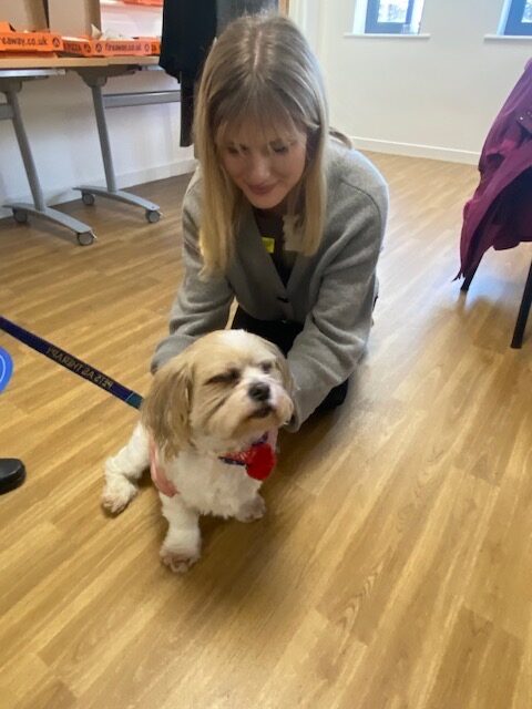 woman stroking a cute dog
